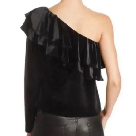 Misa Los Angeles NWT Mielle Black Velvet Ruffle One Shoulder Top - Picture 2 of 12